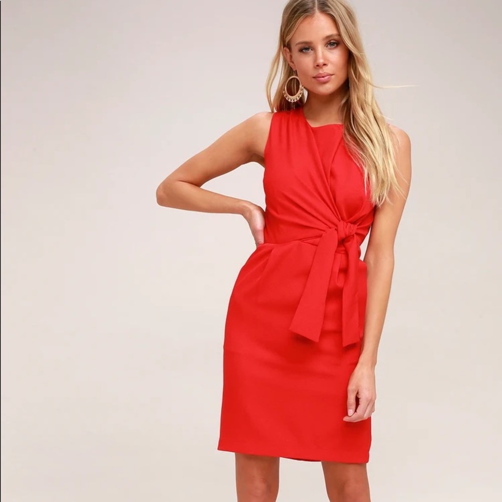 NWT LULUS ZEALOUS LOVE RED TIE FRONT MIDI DRESS